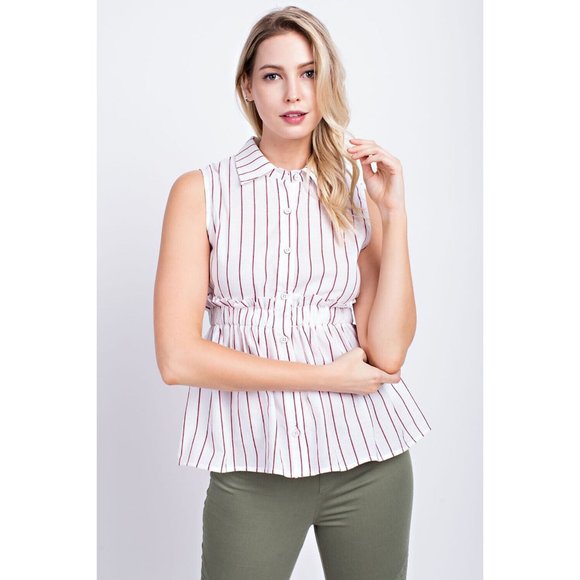 Sleeveless Button Front Collared Casual Striped Peplum Blouse Top - Picture 6 of 10